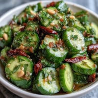 Crispy smashed cucumbers tossed in tangy garlic chili oil for a refreshing, spicy salad.