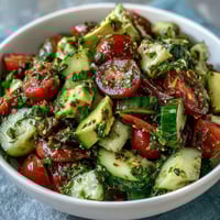 Fresh cucumber tomato avocado salad with lemon dressing, vibrant and creamy, perfect for a light lunch or summer side dish.  