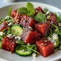 Vibrant Watermelon and Arugula Salad with feta, mint, and lime vinaigrette—juicy summer flavors in every bite.
