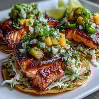 Grilled salmon tacos with mango salsa, featuring flaky fish and fresh tropical fruit topping on warm tortillas.  