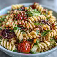 Vibrant Memorial Day pasta salad with Italian dressing, colorful veggies, and fresh parsley for a festive summer side dish.
