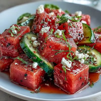 Vibrant watermelon cucumber salad with Tajin and lime, showcasing juicy cubes and crisp slices for a refreshing summer dish.