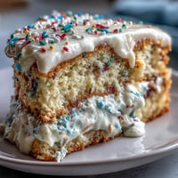A vibrant slice of Spring Birthday Party Sprinkle Funfetti Dip Cake with creamy layers and rainbow sprinkles.