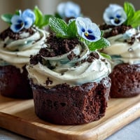 Mother's Day Flower Pot Brownies with Oreo Dirt: Rich chocolate brownies topped with whipped cream and crushed Oreo "soil," decorated with edible flowers in mini flower pots for a festive dessert.
