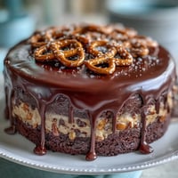 Decadent Father's Day Chocolate Peanut Butter Pretzel Cake with a rich ganache drizzle.