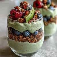 Creamy Fiber-Rich Avocado Chia Pudding Parfait layered with fresh berries.